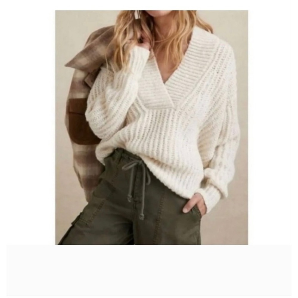 Anthropologie Pilcro Joyce Cream Knit Crossover V-Neck Wool Blend Sweater L